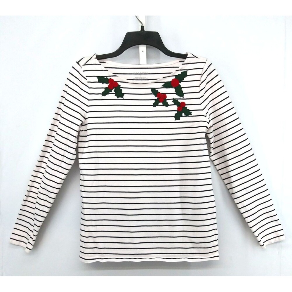 Talbots Shirt Women Small White Stripe Long Sleeve Holly Embroidered Holiday Top